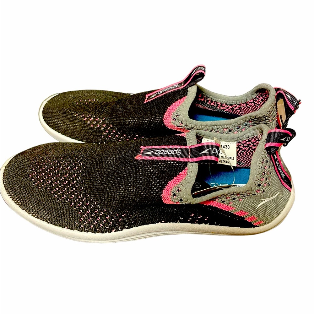 Speedo, adult water, shoes, women, size small, black, pink, gray, and white
